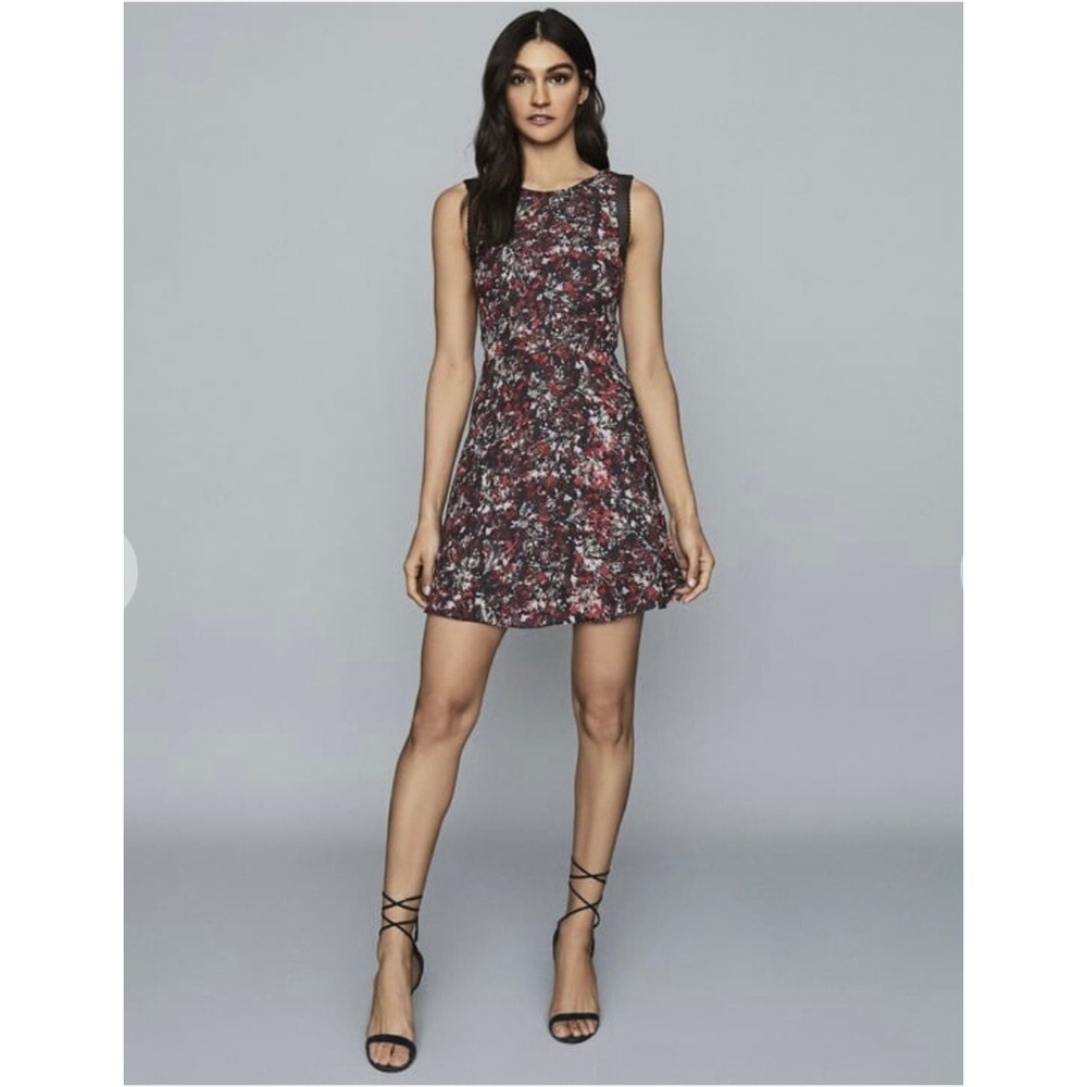 Reiss Louise Floral Print Mini Dress Sleeveless Crochet Trim Red Black US 8 NEW